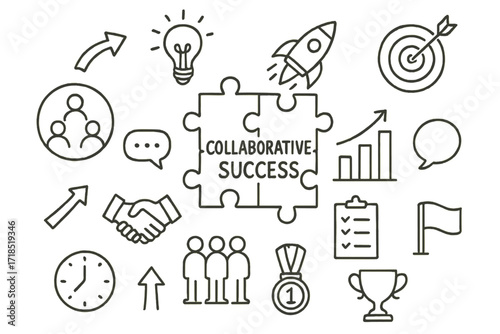 Collaborative Success Icons. Hand-drawn doodle illustration Collaborative success puzzle pieces, team circle, light bulb, rocket, target, graph chart, chat