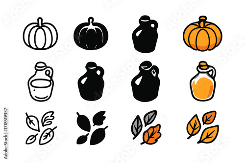 Autumn Cider Icon Set. Icon Set of Autumn Cider: Pumpkin, Cider jug, Falling leaves. Icons set in vector style, emblematic variations. Pumpkin line, Pumpkin