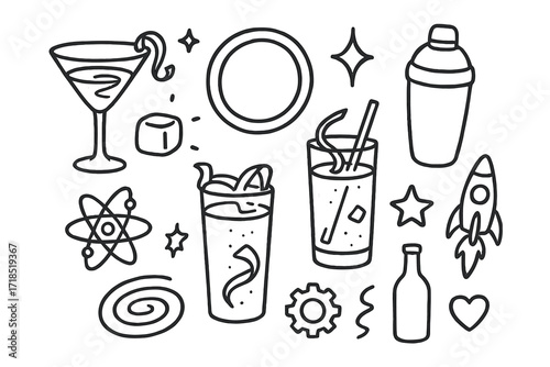 Futuristic Cocktail Doodles. Hand-drawn doodle illustration Futuristic glowing cocktails [martini glass, highball glass, shaker, neon ring, sparkle, ice cube,