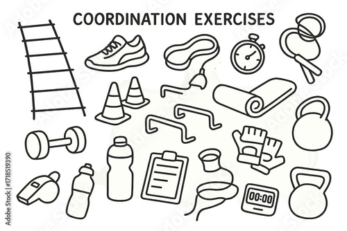 Coordination Exercise Icons. Hand-drawn doodle illustration [coordination exercises] [agility ladder, running shoes, cones, hurdles, jump rope, stopwatch,