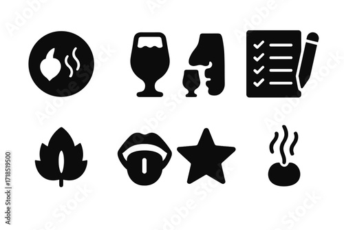 Beer Tasting Icons. Solid, filled icon set of beer tasting: flavor notes, tasting glass, nose sniff, score sheet, hop leaf, palate, rating star, beer aroma.