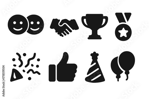 Friendly Rivalry Icons. Solid, filled icon set of friendly rivalry: smiling faces, handshake, trophy, medal, confetti, thumbs up, party hat, balloons. Solid,