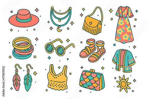 Boho Chic Icons. Colorful isometric vector icons set of Boho chic style: wide-brim hat, layered necklaces, fringe bag, floral maxi dress, bangles, round