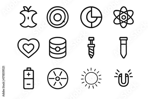 Core Icon Set. Core. Line icon set of core: apple core, planet core, Earth cross-section, atom nucleus, heart core, data core, core drill, core sample, battery