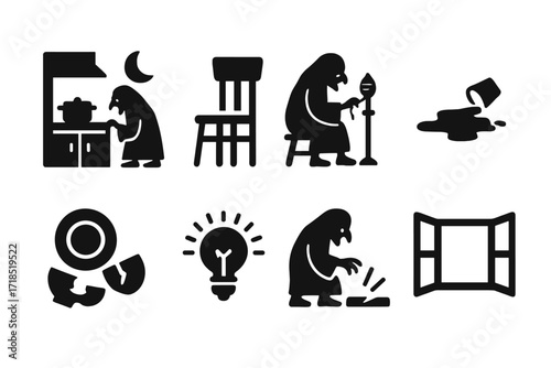 Kikimora Icon Set. Solid, filled icon set of kikimora household scenarios: dark kitchen, empty chair, spinning thread, spilled water, broken dishes, flickering