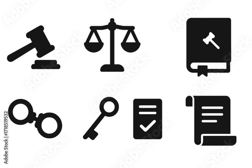 Courtroom Symbol Icons. Solid, filled icon set of courtroom punishment symbols: judge gavel, scales of justice, prison cell, law book, handcuffs, jail key,
