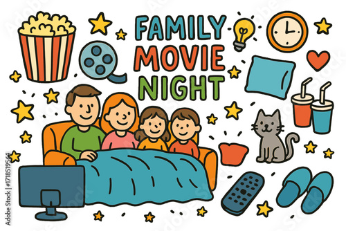 Family Movie Night. Colorful Hand-drawn doodle Children illustration Family Movie Night popcorn, TV, remote, blanket, sofa, smiling faces, stars, film reel,