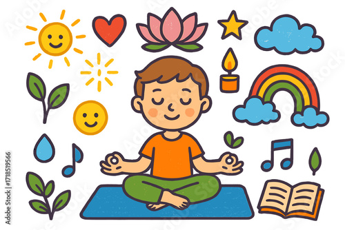 Meditative Doodle Icons. Colorful Hand-drawn doodle Children illustration Deep Meditation [yoga mat, lotus flower, heart, spark, rainbow, star, candle, sun,