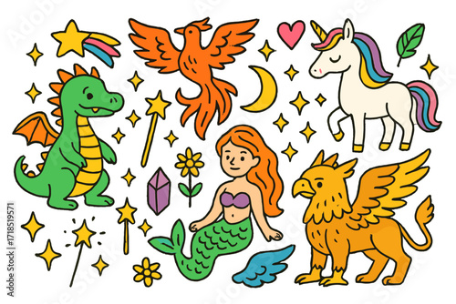 Mythical Creatures Icons. Mythical creatures. Colorful Hand-drawn doodle Children illustration dragon, unicorn, griffin, phoenix, mermaid, star, heart,