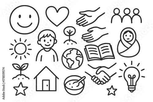Hopeful Resilience Icons. Hand-drawn doodle illustration [hope and resilience of displaced people] [smile, heart, helping hands, child, plant sprout, sun,