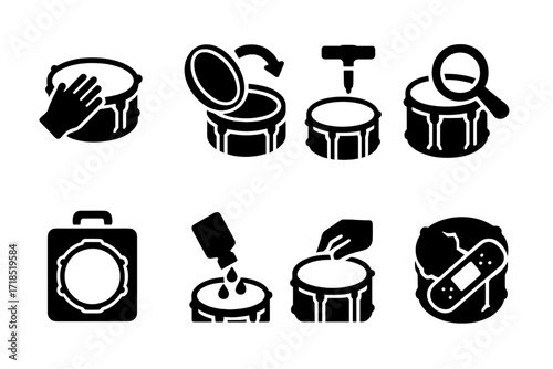 Drumhead Maintenance Icons. Solid, filled icon set of drumhead maintenance: cleaning, replacement, tuning, inspection, storage, coating application, head
