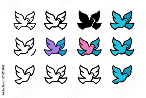 Harmony Bird Logos. Set Logo of Flasks: Flask and pipette icon. Logo set in vector style, emblematic variations. line, bold thick line, solid black filled,