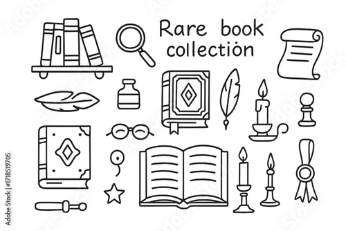 Antique Book Doodle. Hand-drawn doodle illustration Rare book collection [old book, antique shelf, magnifier, scroll, ink bottle, feather pen, leather binding,