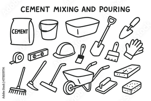 Cement Construction Tools Doodles. Hand-drawn doodle illustration Cement mixing and pouring [cement bag, water bucket, mixing tub, shovel, trowel, gloves,