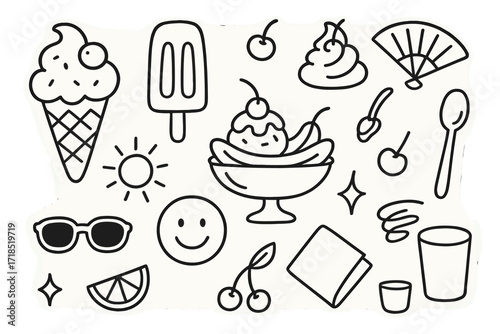 Summer Dessert Doodles. Hand-drawn doodle illustration Summer dessert joy [ice cream cone, popsicle, banana split, whipped cream, cherry, spoon, napkin, smile,