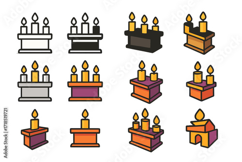 Church Altar Logos. Set Logo of Church Altar: candle-lit altar. Logo set in vector style, emblematic variations. line, bold thick line, solid black filled,