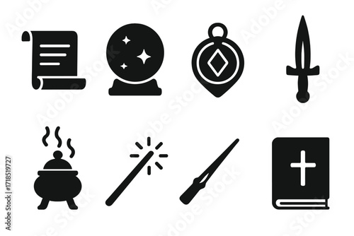 Ancient Artifacts Icons. Solid, filled icon set of old belief artifacts: ancient scroll, crystal ball, talisman, amulet, ceremonial dagger, incense burner,