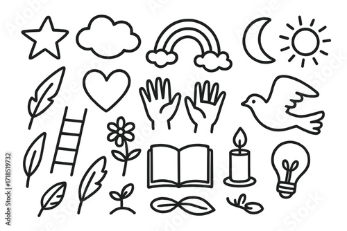 Hope and Dreams Icons. Hand-drawn doodle illustration hope and dreams star, cloud, moon, rainbow, open hands, heart, ladder, feather, flower, sprout, book,