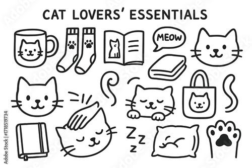 Cat Lover's Essentials. Hand-drawn doodle illustration [Cat lovers? essentials] [cat mug, paw socks, book with cat, cozy blanket, meow speech bubble, cat face,