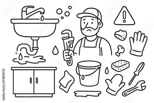 Kitchen Leak Doodle. Hand-drawn doodle illustration water leak under sink faucet, sink cabinet, leaking P-trap, water puddle, droplet, bucket, towel, sponge,