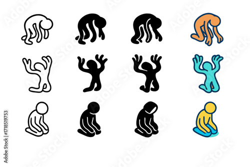 Distorted Silhouette Icons. Icon Set of Distorted Body Silhouette Emotions: Collapsing posture, Reaching warped arms, Kneeling figure. Icons set in vector
