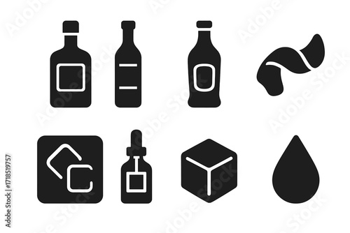 Negroni Ingredients Icons. Solid, filled icon set of negroni ingredients: gin, campari, sweet vermouth, orange peel, ice, bitters, sugar cube, water. Solid,