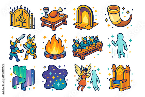 Valhalla Icon Set. Colorful isometric vector icons set of Valhalla and afterlife: golden gates of Valhalla, feast table with meat and drink, glowing hall