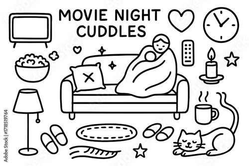 Cozy Movie Night. Hand-drawn doodle illustration Movie night cuddles [TV, sofa, popcorn bowl, blanket, heart, remote control, mug, slippers, rug, lamp, pillow,