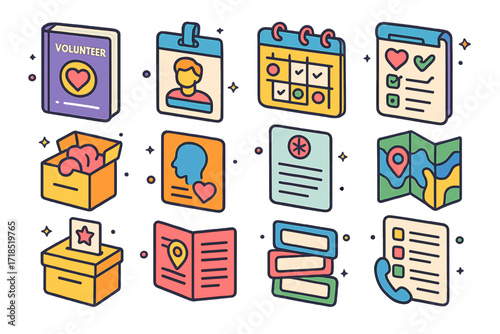 Volunteer Icon Set. Colorful isometric vector icons set of volunteer resources and preparation: volunteer handbook, ID badge, calendar with events, care
