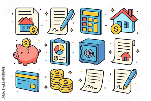 Housing Finance Icons. Housing finance. Colorful isometric vector icons set of housing finance: mortgage paper, loan agreement, calculator, house icon with