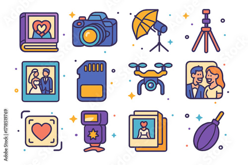 Wedding Photography Icons. Colorful isometric vector icons set of wedding photography: wedding album, DSLR camera, lighting umbrella, camera tripod, posing