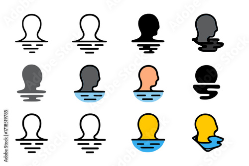 Self-Reflection Logo Grid. Set Logo of Self-reflection: reflection in still water. Logo set in vector style, emblematic variations. line, bold thick line,