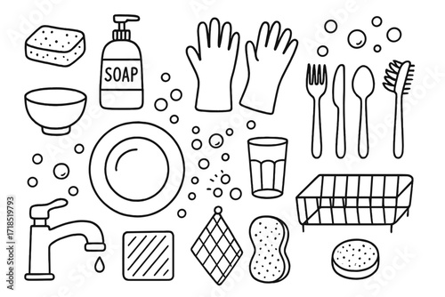 Dishwashing Doodle Icons. Hand-drawn doodle illustration pop star world tour airplane, passport, globe, calendar, microphone, ticket, suitcase, star icon,