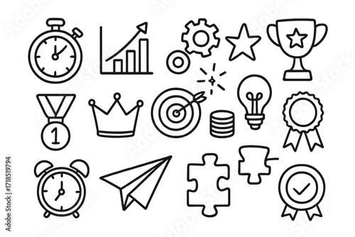 Gamified Productivity Icons. Hand-drawn doodle illustration Productivity through gamification stopwatch, chart arrow, gears, star, spark, trophy, medal, crown,