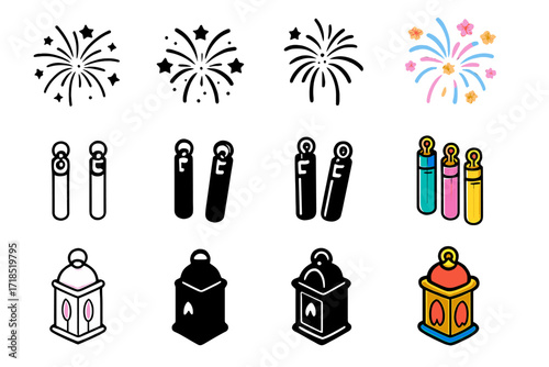 Festive Icon Collection. Icon Set of Night Festival Mood: Fireworks, Glow sticks, Lanterns. Icons set in vector style, emblematic variations. Fireworks line,