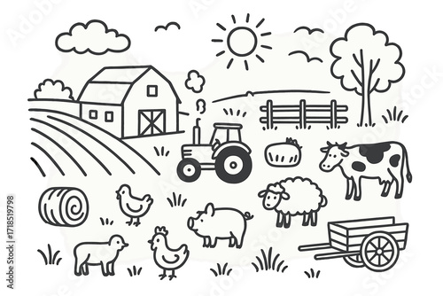 Rustic Farm Doodle. Hand-drawn doodle illustration rustic fields barn, plowed rows, tractor, fence, tree, hay bale, cow, sheep, pig, chicken, cloud, sun, bird,
