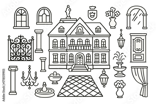 Bourgeois Mansion Outline. Hand-drawn doodle illustration bourgeois architecture grand mansion, wrought iron gate, arched window, column, balcony, chandelier,