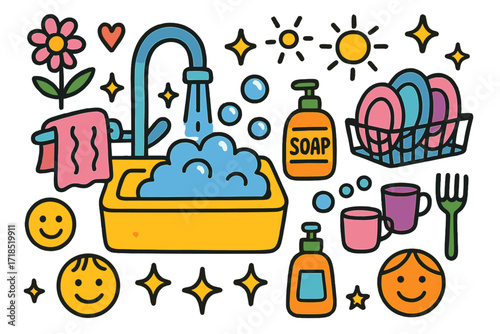 Cheerful Kitchen Doodle. Colorful Hand-drawn doodle Children illustration Clean Kitchen sink, faucet, towel, soap, bubbles, dish rack, plates, cups, flower,