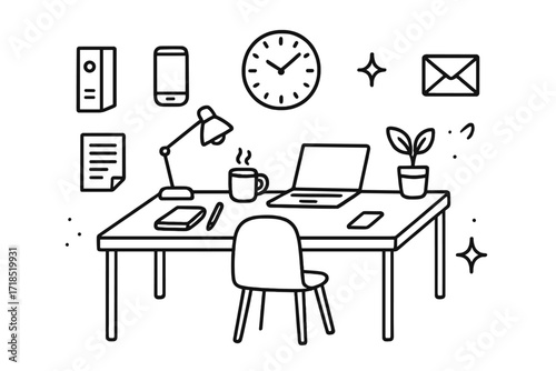 Minimalist Workspace Sketch. Hand-drawn doodle illustration Minimalist workspace [desk, chair, lamp, notebook, pen, coffee mug, phone, laptop, clock, plant,