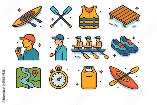 Colorful Rowing Icons. Colorful isometric vector icons set of outdoor rowing elements: rowing boat, oars, life vest, river dock, paddling coach, rowing team,
