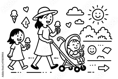 Ice Cream Stroll. Hand-drawn doodle illustration [walking with kids eating ice cream] [child, adult, cone, cup, napkin, stroller, hand, sidewalk, smiley face,