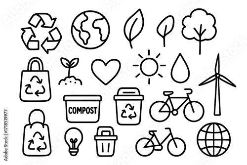 Eco Recycling Doodle. Hand-drawn doodle illustration eco recycling symbols recycling arrows, earth, leaf, tree, sprout, heart, sun, water droplet, wind