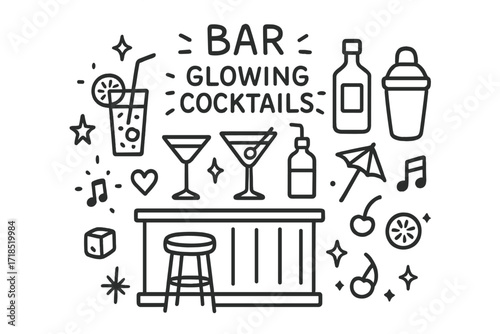 Glowing Cocktail Icons. Hand-drawn doodle illustration Vintage steam cars [car chassis, steam tank, exhaust pipe, lever, gauge, headlamp, smokestack, gear,