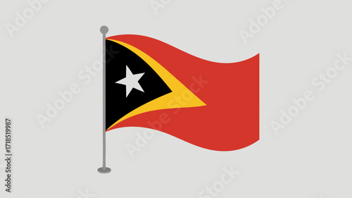 East Timor Flag Vector Illustration: National Symbol Waving on a Pole Against a Grey Background
