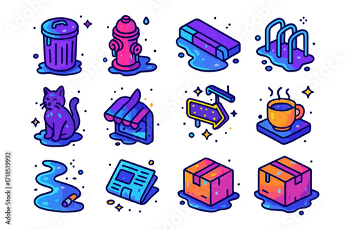 Neon Rainy Street Icons. Colorful isometric vector icons set of neon rainy street details: wet trash can, dripping fire hydrant, glowing curb, slick bike rack,