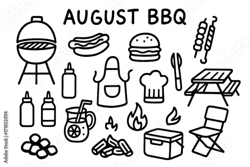 BBQ Doodle Icons. Hand-drawn doodle illustration [August BBQ and outdoor dining] [grill, hotdog, burger, skewers, picnic table, ketchup bottle, mustard,