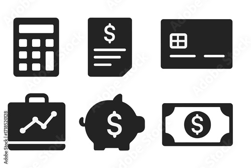 Oligarch Finance Icons. Solid, filled icon set of oligarch finance management: calculator, financial report, safe, credit card, investment portfolio, piggy