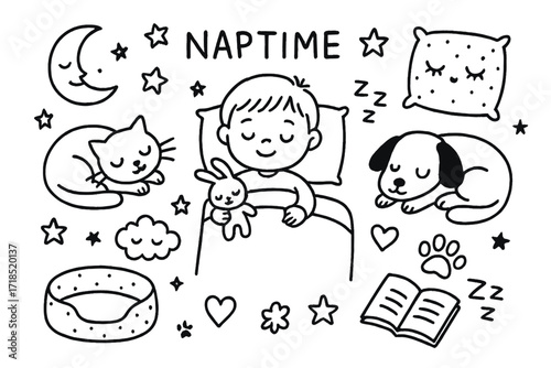 Naptime with Pets. Hand-drawn doodle illustration Naptime with pets child, blanket, sleeping cat, sleeping dog, cushion, soft toy, moon icon, stars, pet bed,