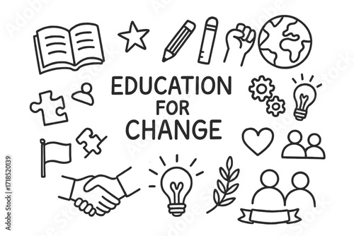 Education Symbols Doodle. Hand-drawn doodle illustration education for change book, pencil, ruler, star, globe, raised fist, gears, heart, handshake, flag,