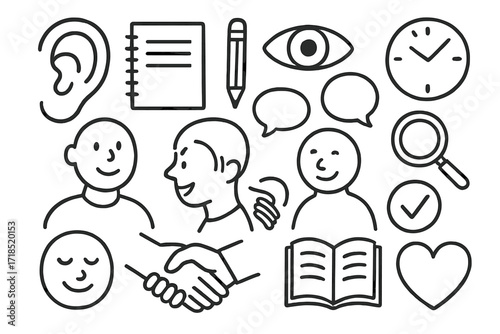 Active Listening Symbols. Hand-drawn doodle illustration Active listening ear, notebook, pencil, eye contact, person nodding, conversation bubbles, clock,